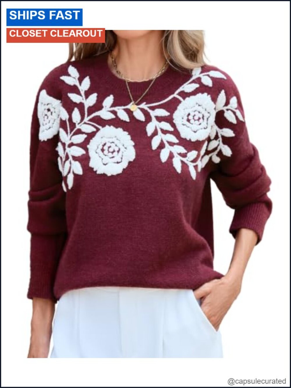 Womens Crew Neck Floral Embroidery Sweater Long Sleeve Knit Top